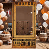 A rustic western photo booth backdrop featuring a wooden door and text that reads WANTED ARMED AND VERY DANGEROUS CASH 20000