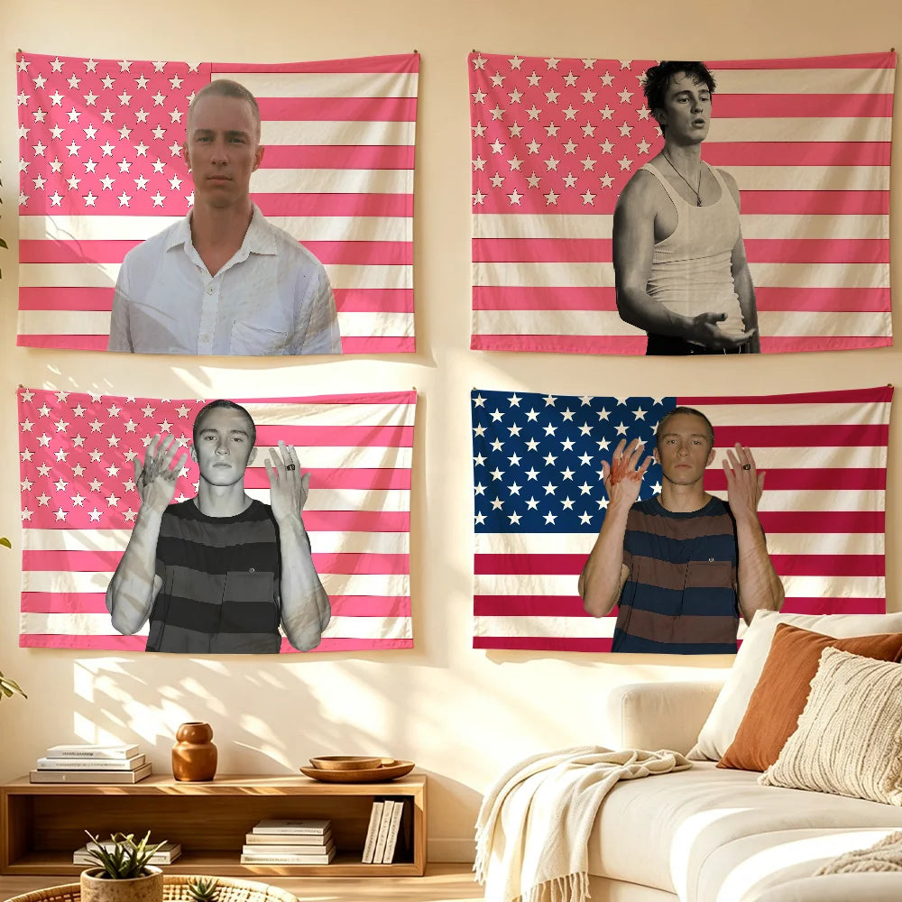 A wall tapestry featuring a portrait of a man against an American flag background.