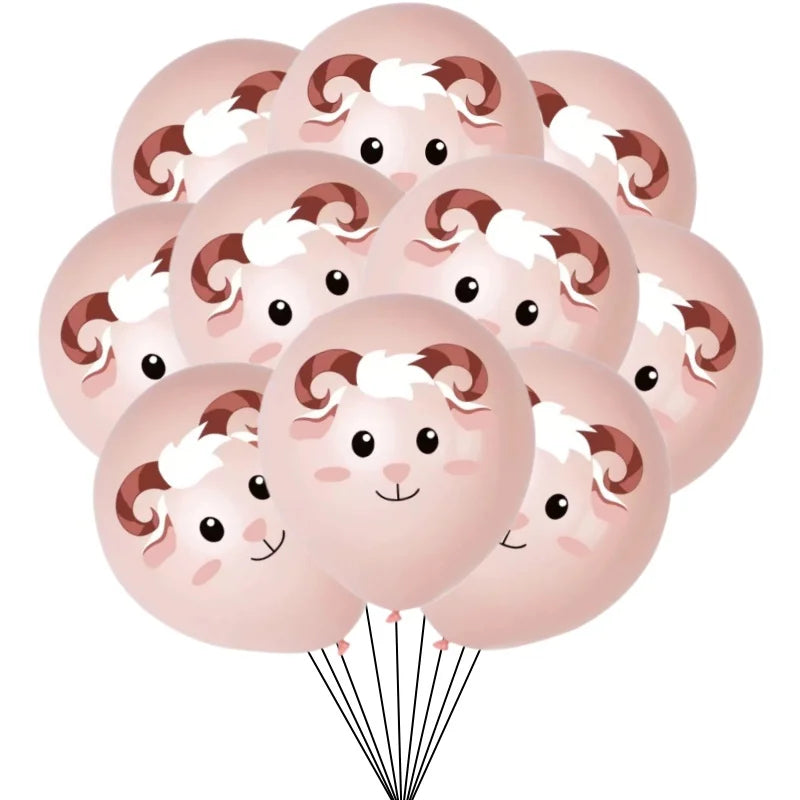 A set of pink latex balloons shaped like cute farm animals with horns and white accents.