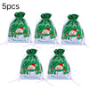 Five reusable green and white Christmas drawstring gift bags with snowflake designs