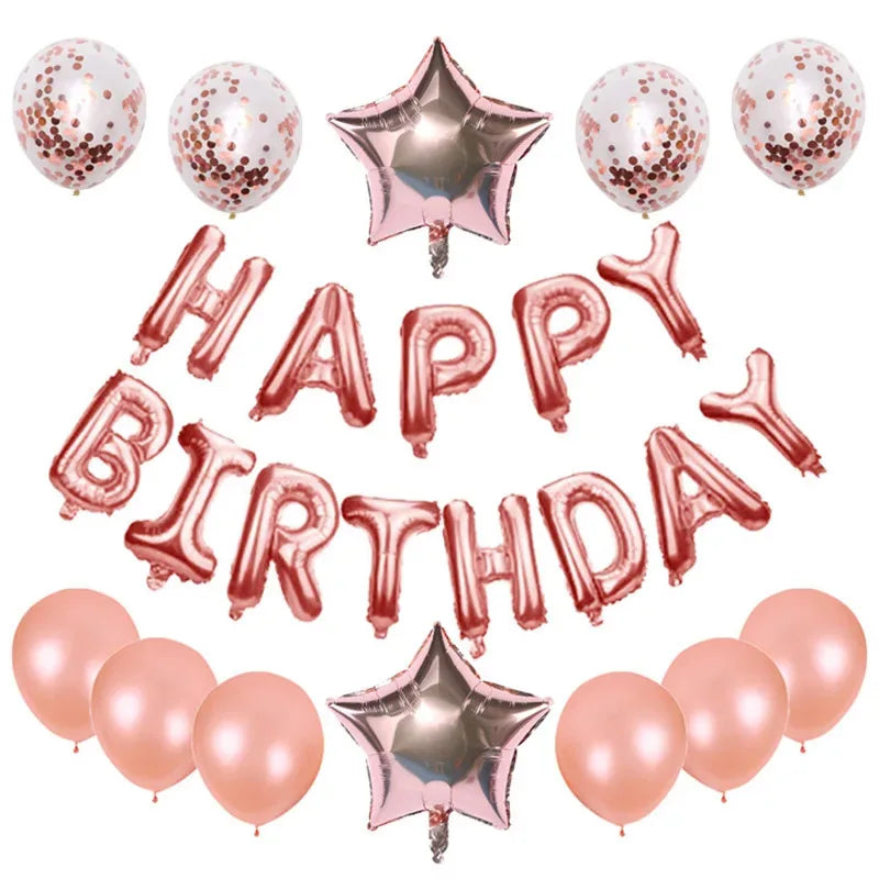 A collection of 25 rose gold foil letter balloons and star shaped balloons for birthday parties