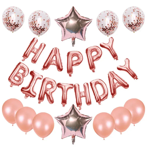 A collection of 25 rose gold foil letter balloons and star shaped balloons for birthday parties