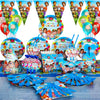 A colorful party supplies kit featuring balloons, plates, and tableware for a birthday celebration.