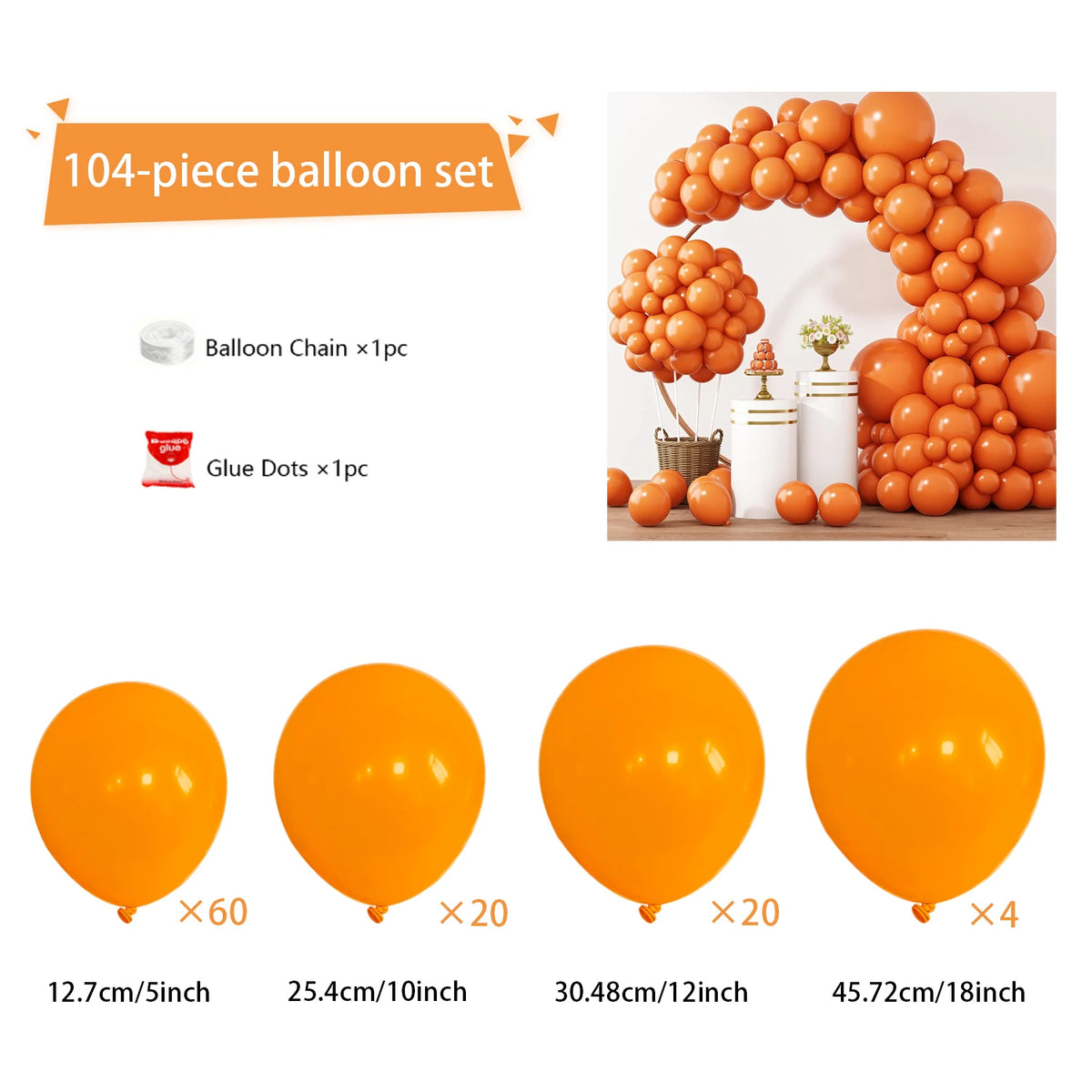 An orange balloon arch kit featuring 104 balloons, a chain, and glue dots for decoration.