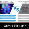 Comparison of a blacklight tapestry and normal tapestry, highlighting features like material quality and UV reactions.