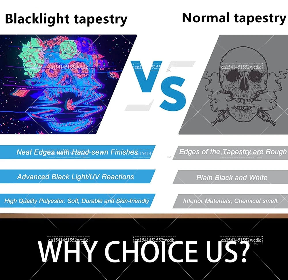 Comparison of blacklight tapestry and normal tapestry, highlighting features like material quality and UV reactions.