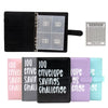 A black budget savings binder with clear envelopes and a separate tracker sheet.