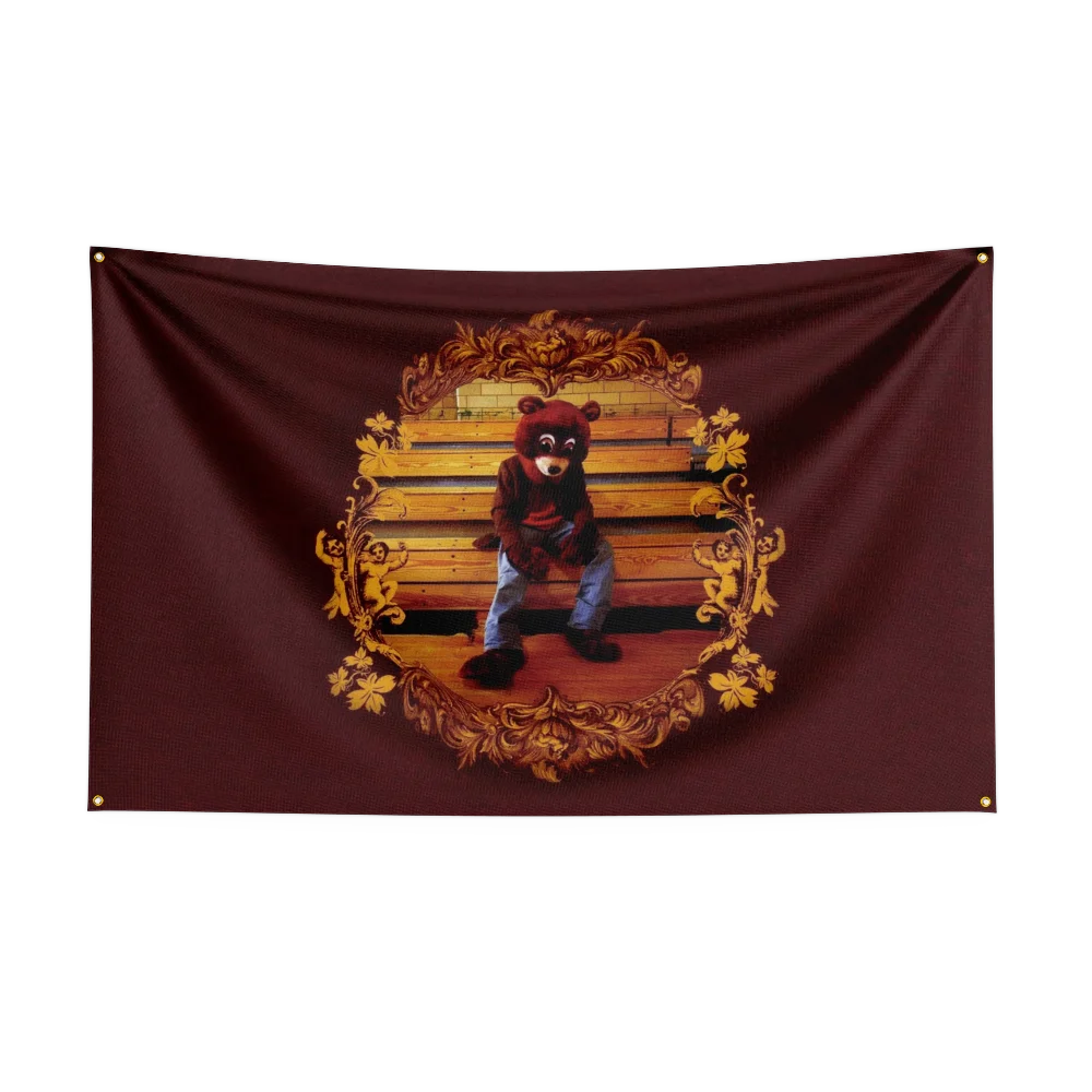 A tapestry featuring a bear wearing a red shirt sitting on a wooden bench, framed by ornate gold foliage.