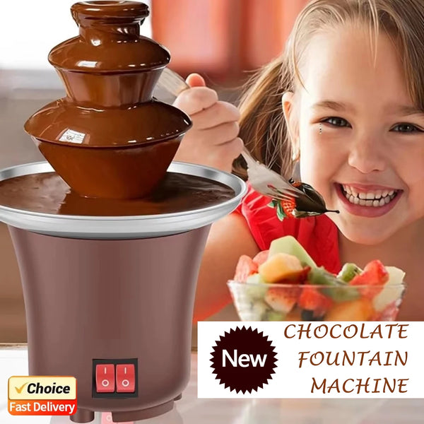 A young girl is pouring melted chocolate into a fountain machine, showing the chocolate flowing out.
