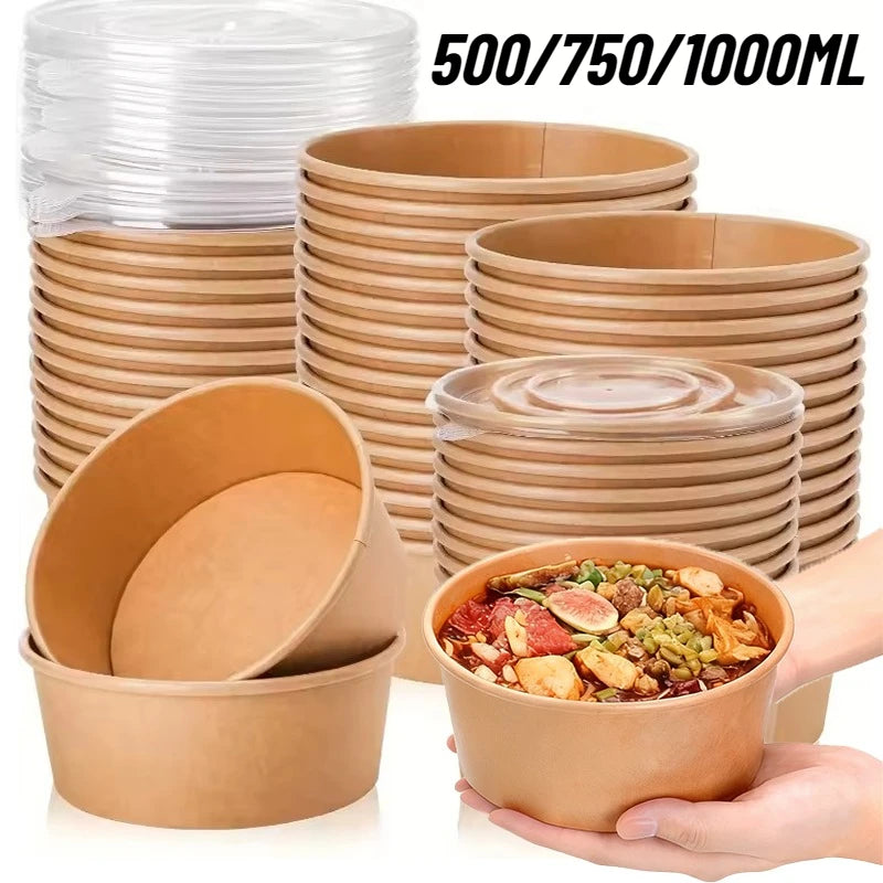 Stack of disposable kraft paper lunch bowls and lids in various sizes 500, 750, and 1000ml