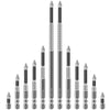 A set of impact screwdriver bits with various sizes and tips shown vertically.
