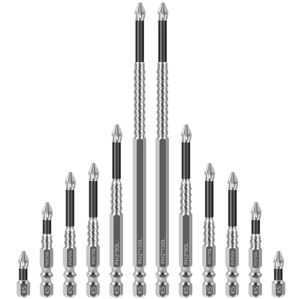 A set of impact screwdriver bits with various sizes and tips shown vertically.