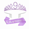 A purple tiara crown and sash set for a girl with a nine on it, suitable for a birthday celebration.