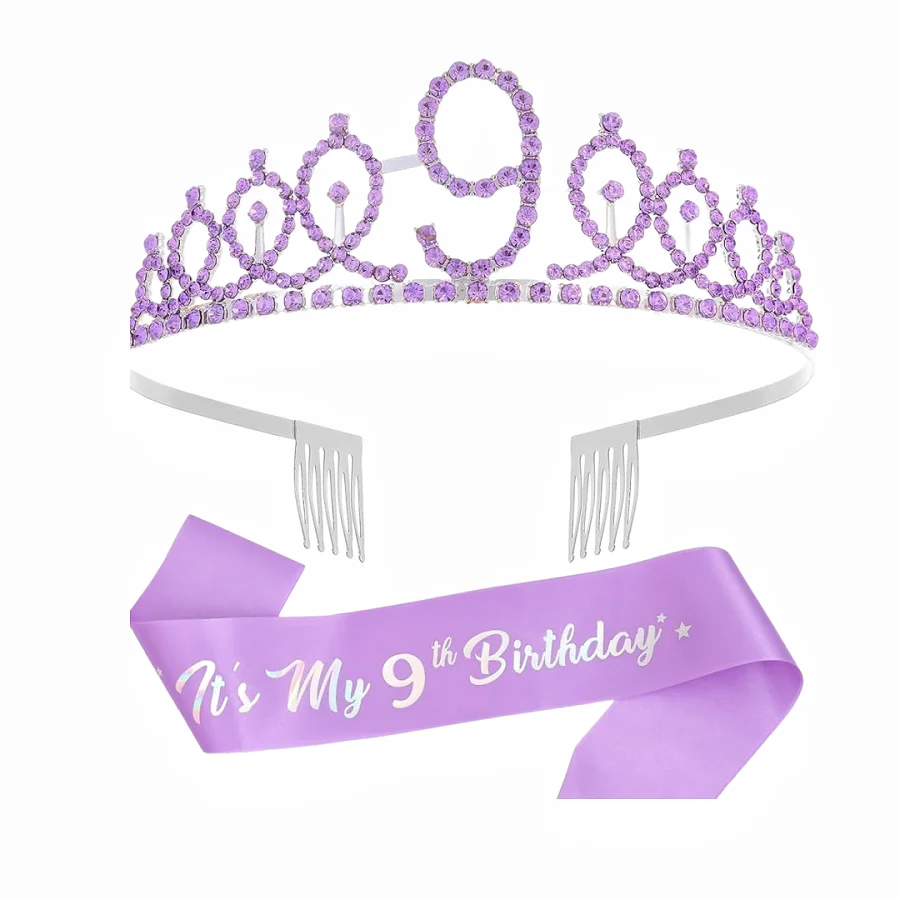 A purple tiara crown and sash set for a girl with a nine on it, suitable for a birthday celebration.