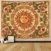 Vintage celestial tapestry featuring a sun and moon design surrounded by floral elements on a neutral background.