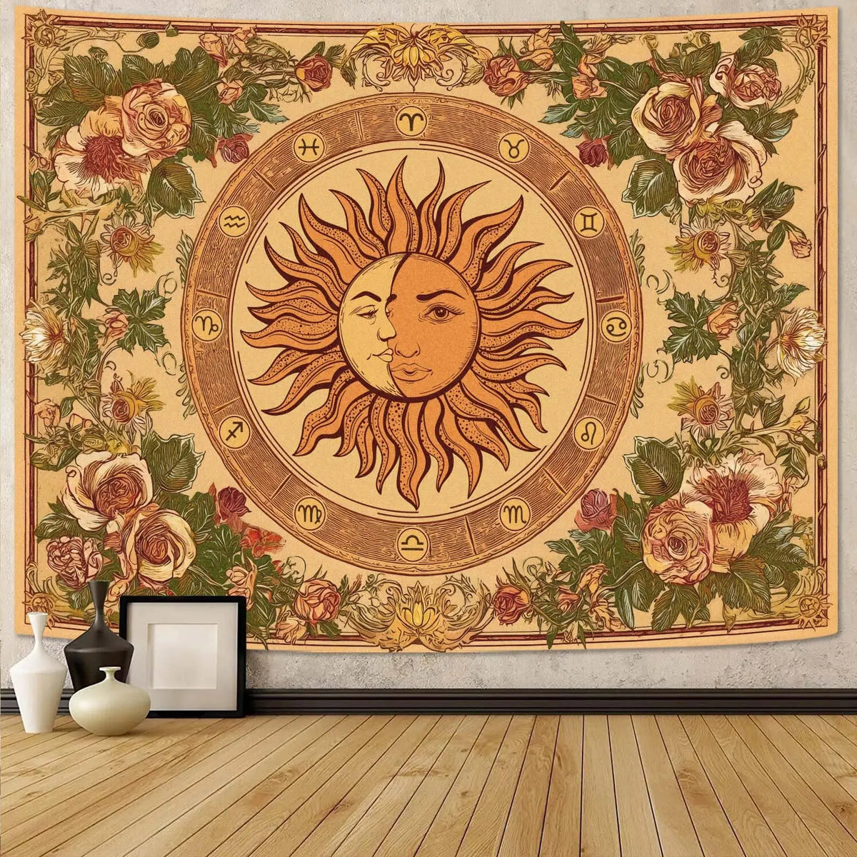 Vintage celestial tapestry featuring a sun and moon design surrounded by floral elements on a neutral background.