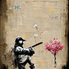 A painting in the style of Banksy featuring a figure against a textured wall with pink blossoms.