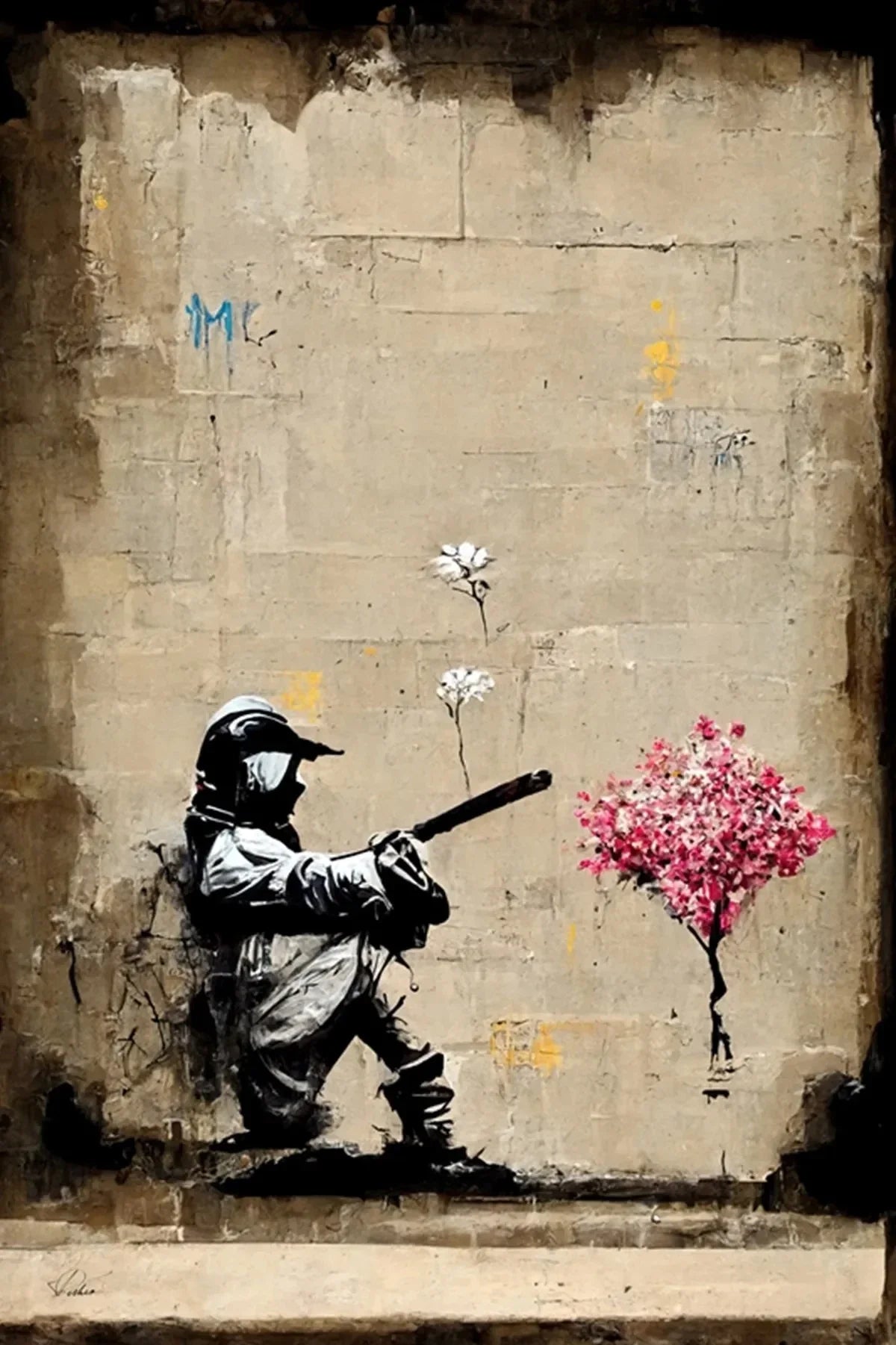A painting in the style of Banksy featuring a figure against a textured wall with pink blossoms.
