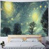 A tapestry depicting a vibrant night sky filled with stars and a bright Milky Way against a dark green landscape.