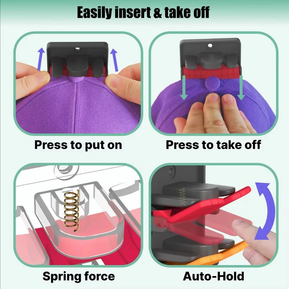 Demonstration of easily insert and take off mechanism for a wall-mounted hat organizer rack featuring spring force and auto-h