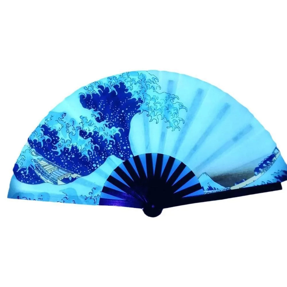 A blue and white watercolor design of a crashing ocean wave on a UV fluorescent handheld folding fan.