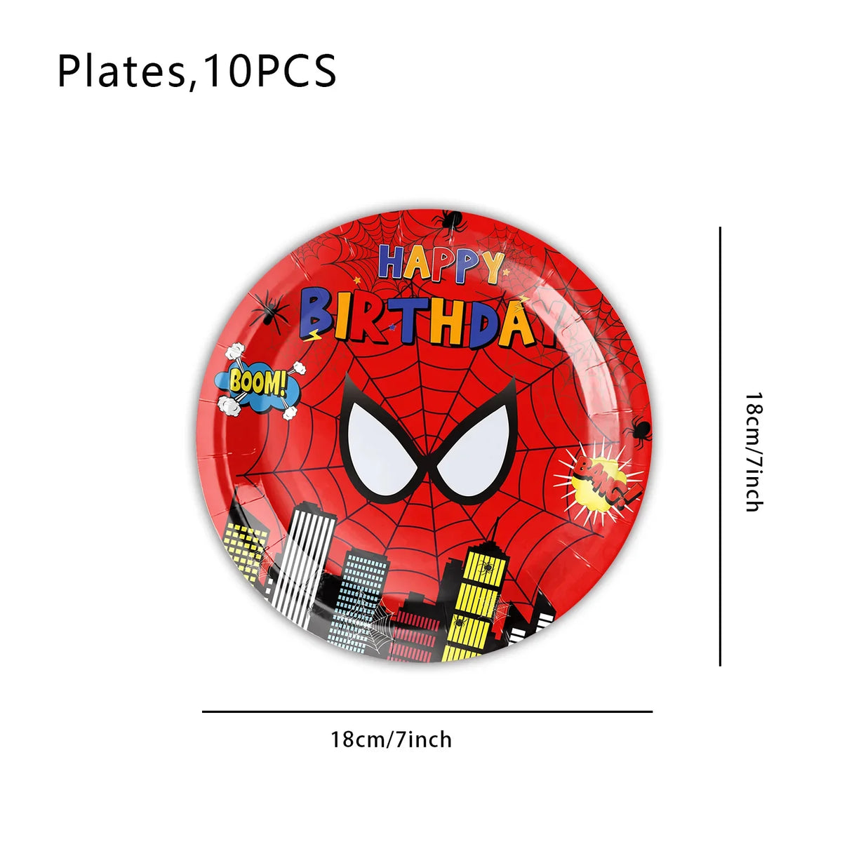 A red plate featuring a Spider-Man mask design with the text Happy Birthday and a web background.