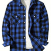 A blue and black plaid flannel button-up shirt worn over a white undershirt.