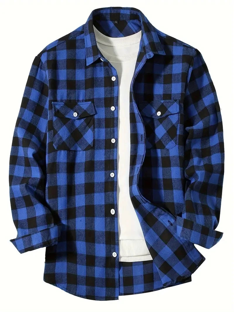 A blue and black plaid flannel button-up shirt worn over a white undershirt.