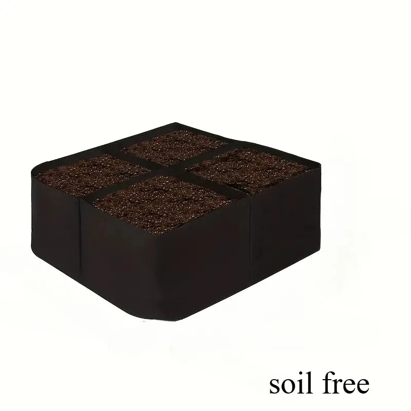 A black, square elevated garden bed with eight grid sections filled with dark soil.