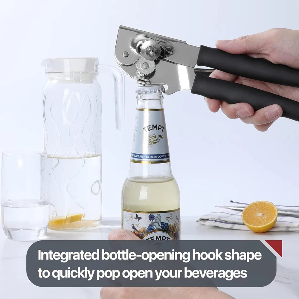 A hand is using an integrated bottle-opening hook shape to quickly pop open a glass bottle.