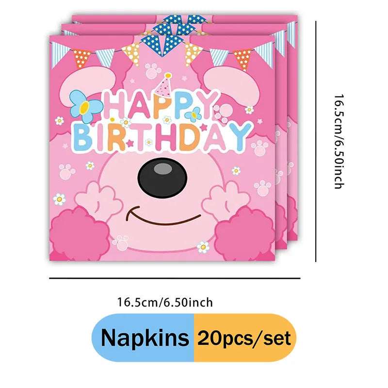A set of 20 pink and blue dog-themed birthday napkins for parties