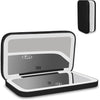 A portable touch screen makeup mirror with a black casing and silver screen, shown open displaying 10x and 1x magnification s