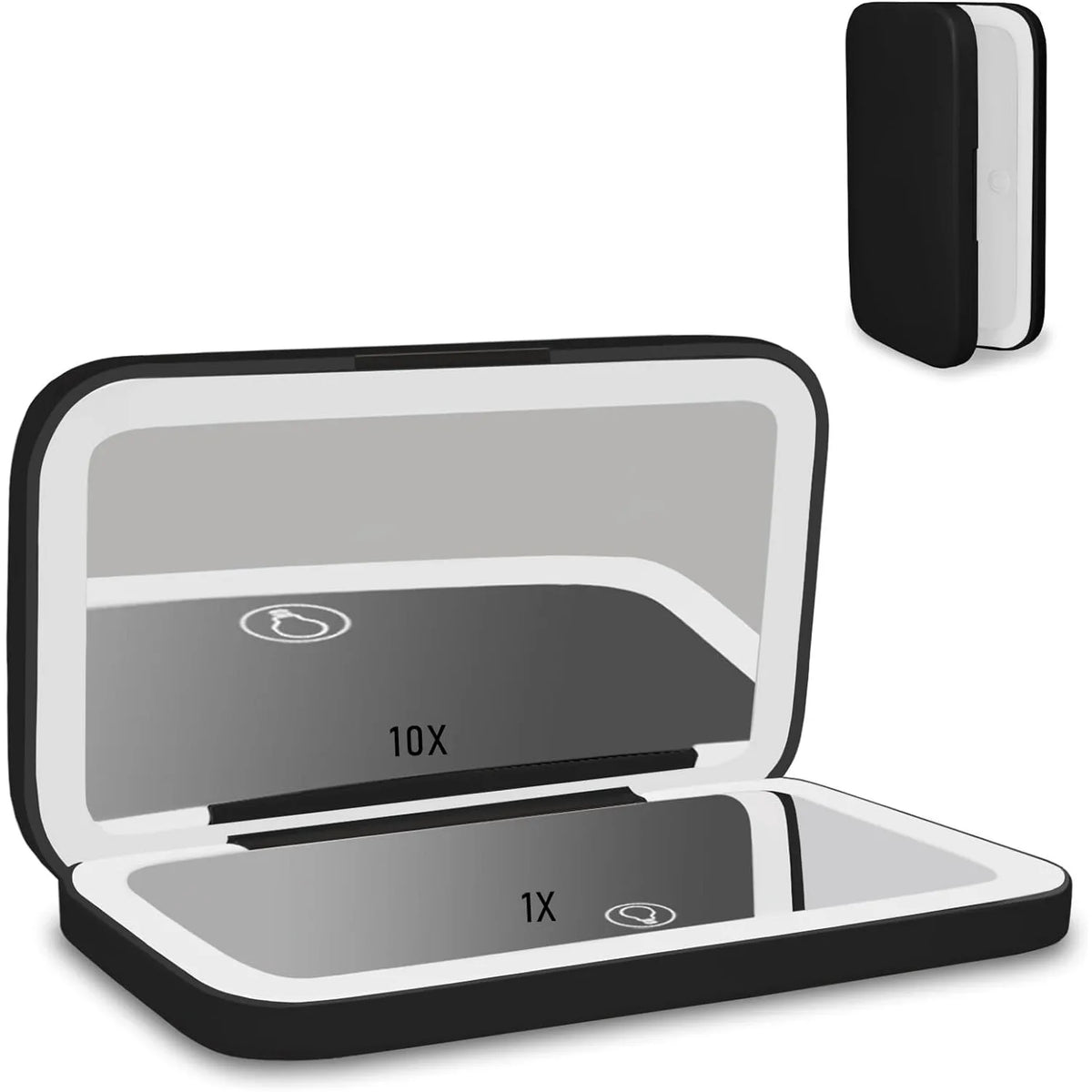 A portable touch screen makeup mirror with a black casing and silver screen, shown open displaying 10x and 1x magnification s