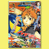 A colorful anime poster featuring a male character from Haikyuu in an energetic pose.