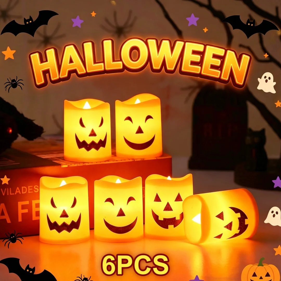 A set of six glowing orange LED Halloween candles with carved jack-o'-lantern faces displayed on a surface.