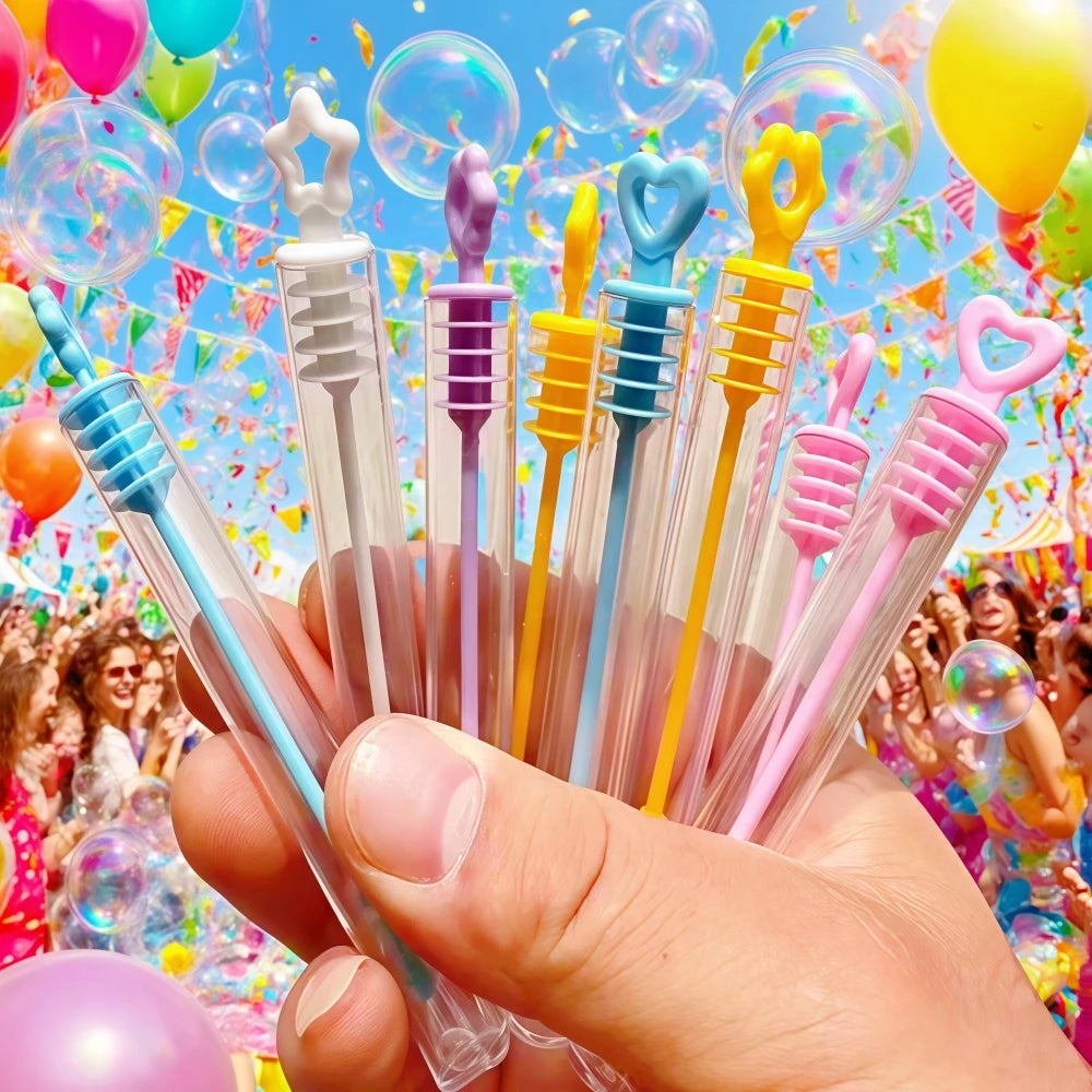 A hand holds several clear mini bubble bottles of various colors, including purple, yellow, and pink, against a background of