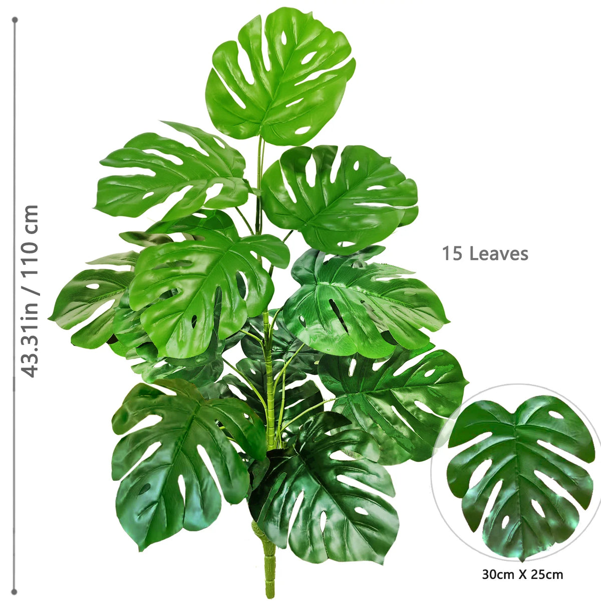 Artificial Monstera plant with silk green leaves shown in a vertical arrangement.