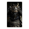 A dark, detailed depiction of a Japanese samurai helmet and armor with horns and decorative foliage.