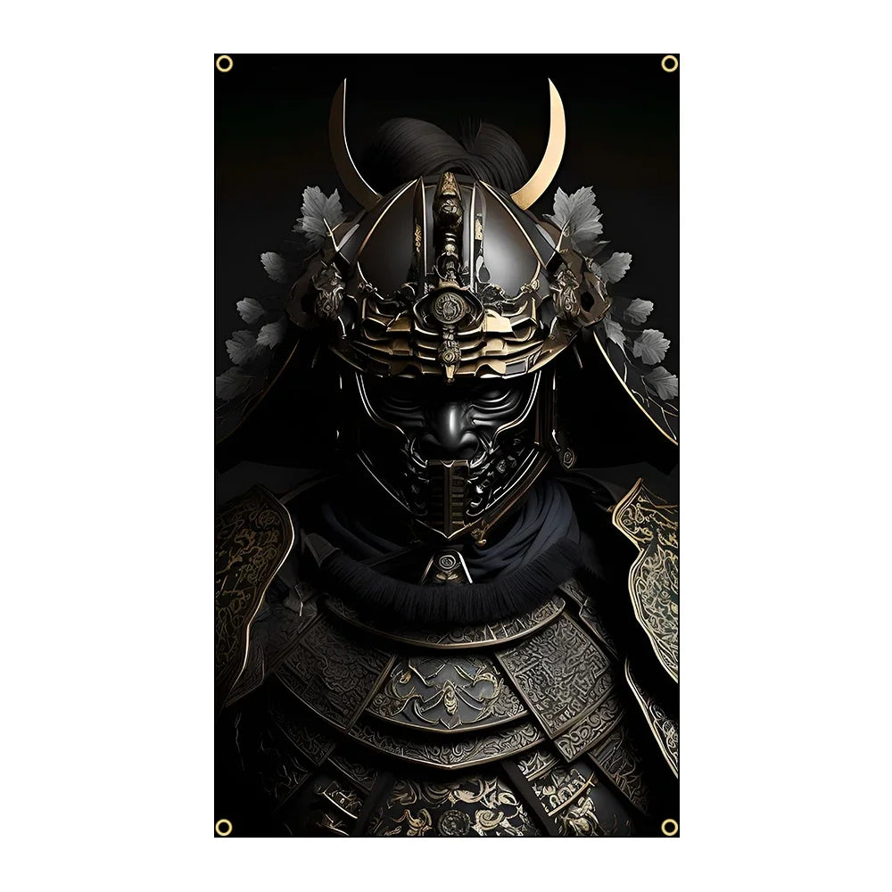 A dark, detailed depiction of a Japanese samurai helmet and armor with horns and decorative foliage.