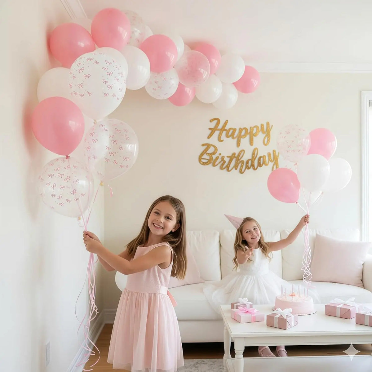 Two young girls smiling while holding a large arrangement of pink and white balloons in a bright room.