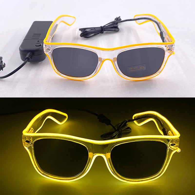 Pair of yellow light up EL wire party glasses with black strap and sunglasses lens