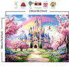 A large photo backdrop banner featuring a vibrant Disney-style castle surrounded by pink cherry blossoms and a colorful lands