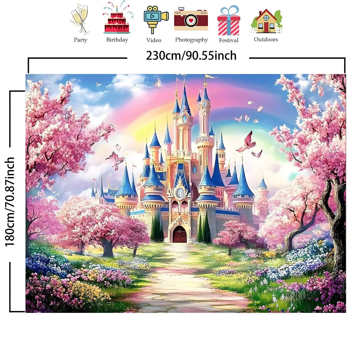 A large photo backdrop banner featuring a vibrant Disney-style castle surrounded by pink cherry blossoms and a colorful lands