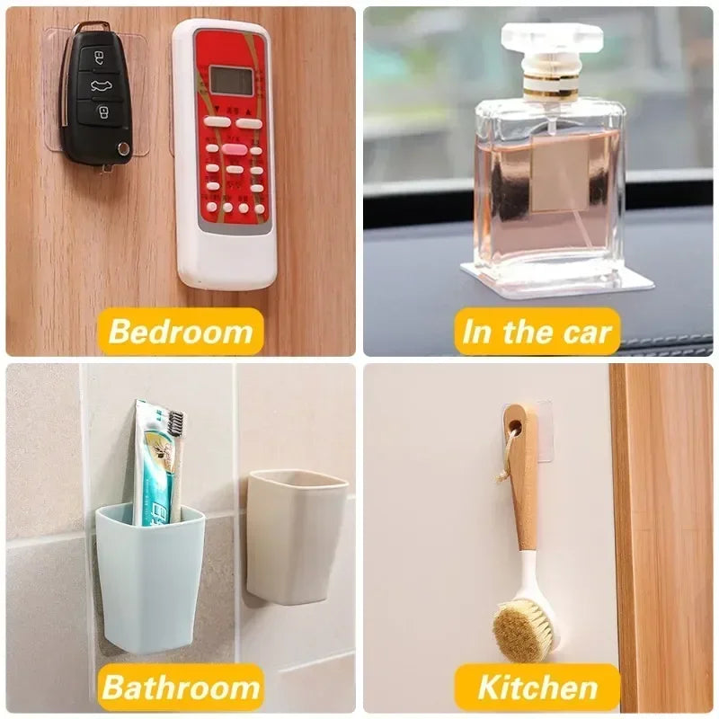 A set of adhesive tapes shown in various contexts: bedroom, in the car, bathroom, and kitchen.