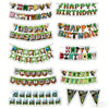 A collection of pixel art birthday banners and decorations featuring various text and Minecraft-themed scenes.