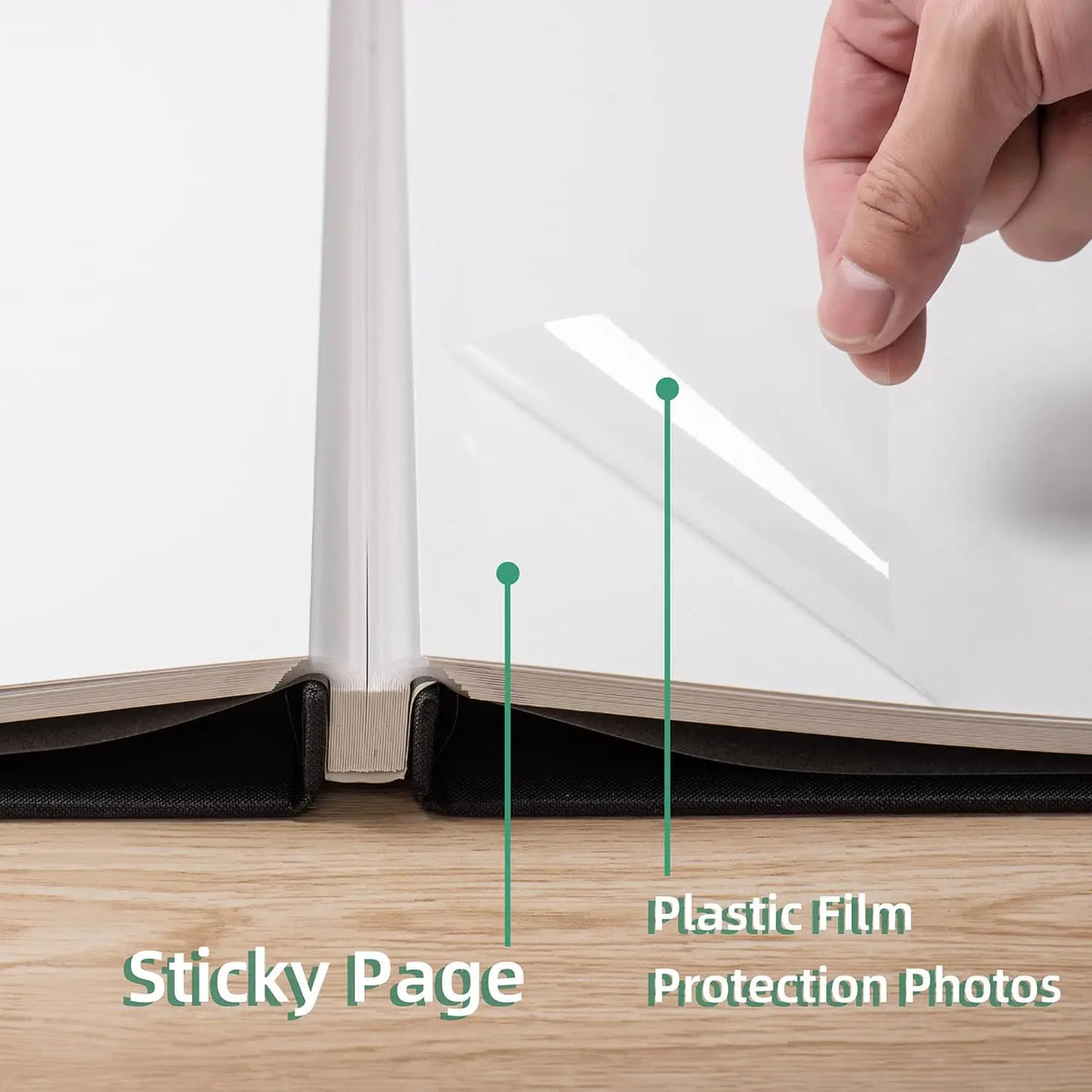 A hand is shown inserting a sticky page into a DIY magnetic scrapbook album to protect photos.