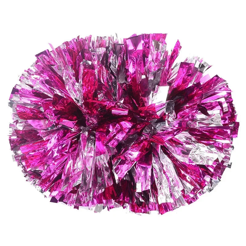 A spherical pom pom made of shredded, sparkly magenta and silver foil material.