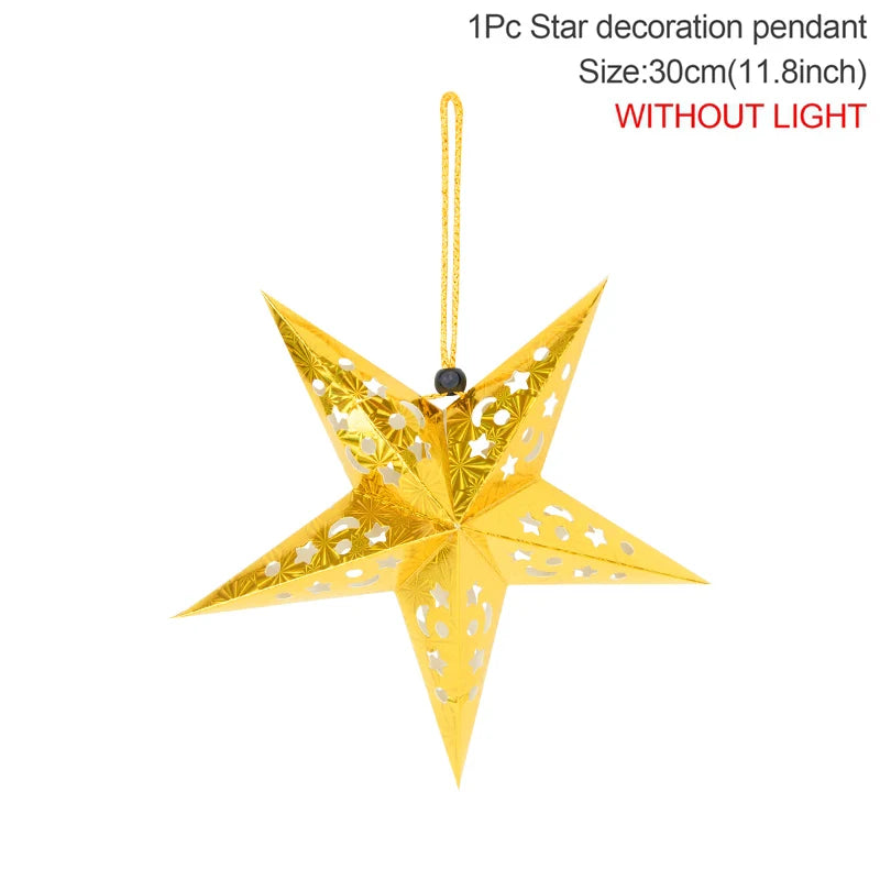 A gold star decoration pendant with a thin cord and a black bead, without light.
