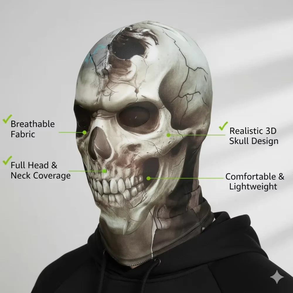 A realistic 3D skull balaclava mask covering the head and neck, designed for comfort and lightweight wear.