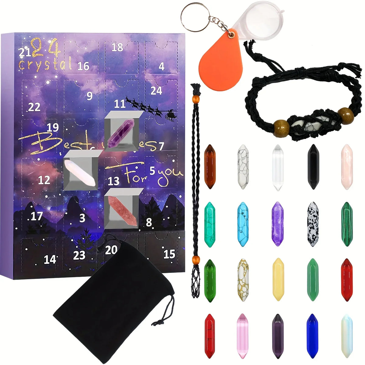 Christmas advent calendar featuring natural crystal gemstones and a keychain.